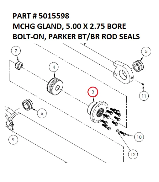 Serco 1050XR Machined Gland, 5" x 2.75" Bore Bolt-On, Parker BT/BR Rod Seals (Part 5015598)