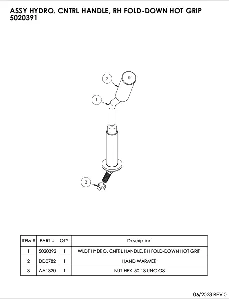 WLDT HYDRO. CNTRL HANDLE, RH FOLD-DOWN HOT GRIP - Part No. 5020392