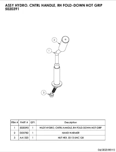 [1050 XR - 5020392] Serco 1050XR Hydrocontrol Handle Weldment, Right-Hand Fold-Down Hot Grip (Part 5020392)
